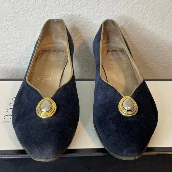 Salvatore Ferragamo Navy Blue Suede Leather Pumps Heels Slip On Women's Size 9 B - Picture 1 of 14